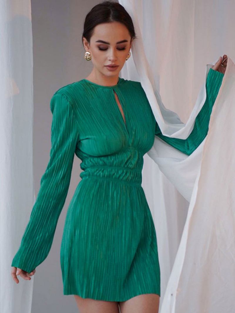 Ženske Nepravilne Haljine Elegantna Lepršava Haljina S Okruglim Izrezom I Dugim Rukavima - Zeleno