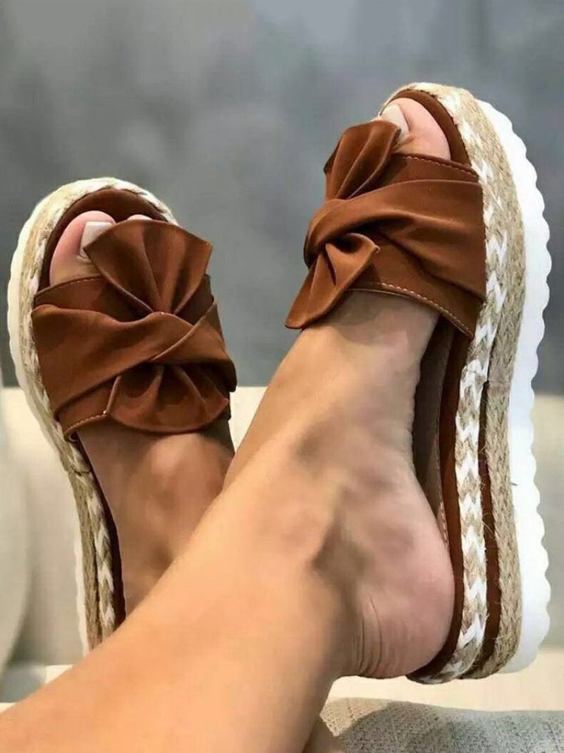 Ženske Papuče Na Petu Smeđe Otvorene Prste Ravne Pete Slip-on Terry Gornja Peta Mule