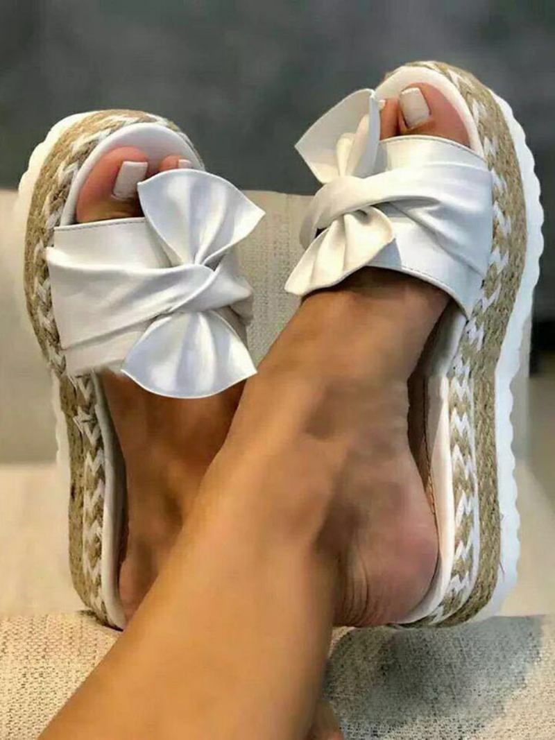Ženske Papuče Na Petu Smeđe Otvorene Prste Ravne Pete Slip-on Terry Gornja Peta Mule - Bijela