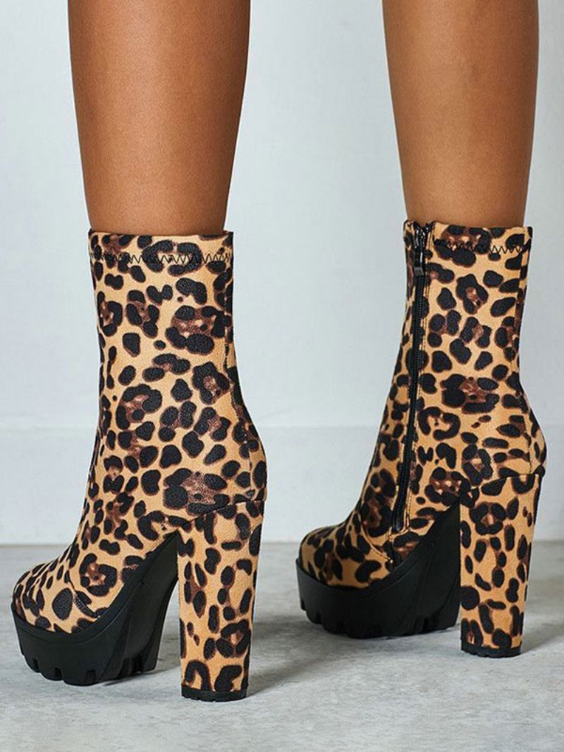 Ženske Gležnjače Crne Mikro Antilop Čizme S Okruglim Prstima Na Debelu Petu - Leopard