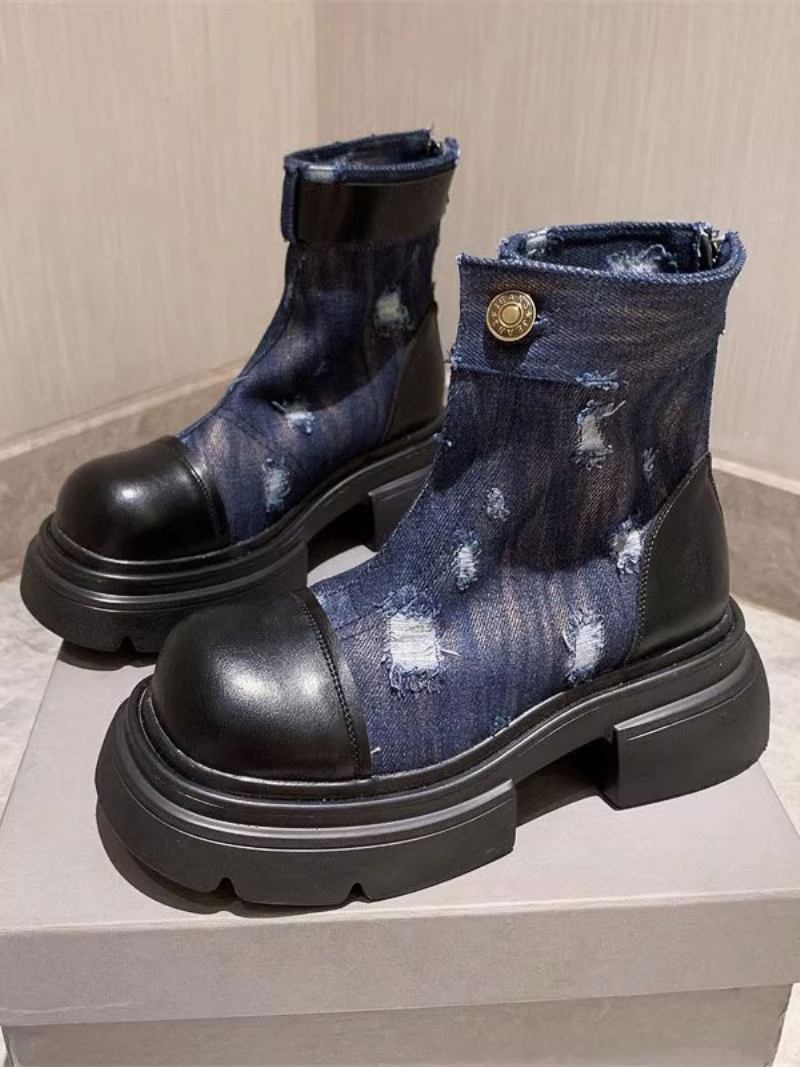 Ženske Patchwork Ravne Gležnjače S Okruglim Prstima Od Trapera - Deep Blue