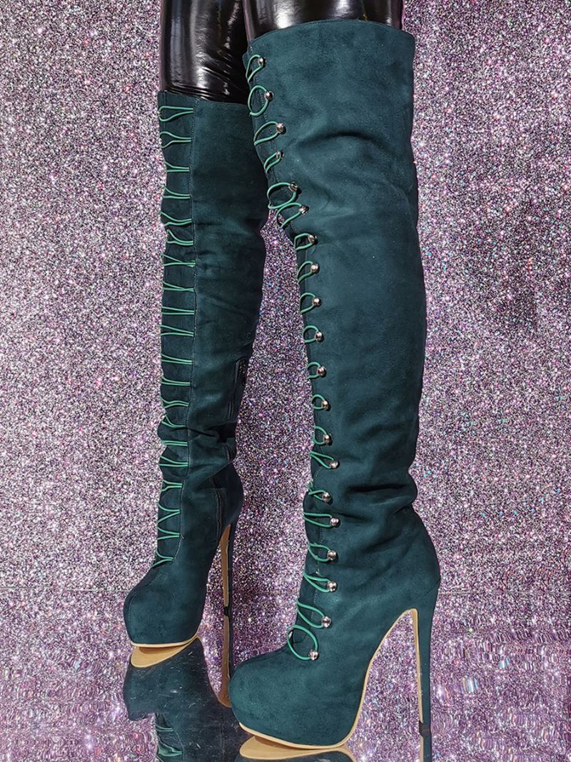 Ženske Visoke Čizme S Okruglim Prstima I Stiletto Petom Gornji Dio Od Mikro Antilop Kože - Tamnozelene
