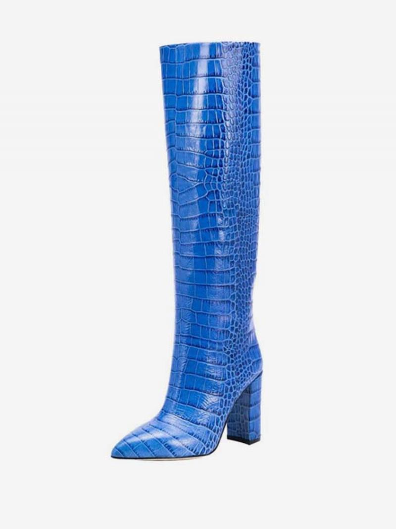 Ženske Čizme Do Koljena Na Debelu Potpeticu S Croc Printom - Plava