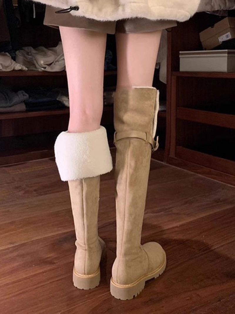 Ženske Čizme Preko Koljena Kaki Antilop Okrugle Manšete Kratke Plišane Zimske - Kaki