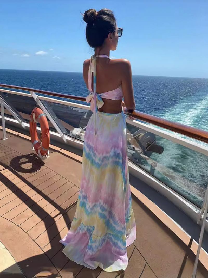 Ženska Boho Haljina S Detaljima Na Halteru Prstenom Ležerne Maksi Haljine Bez Leđa - Bijela