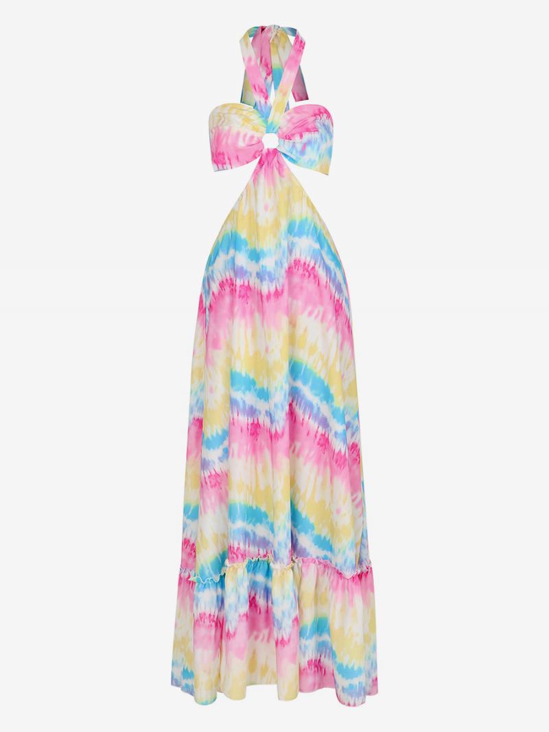 Ženska Boho Haljina S Detaljima Na Halteru Prstenom Ležerne Maksi Haljine Bez Leđa - Bijela