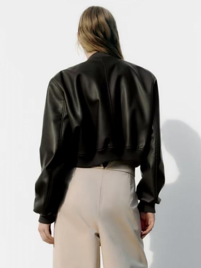 Ženska Jakna Jewel Neck Pu Koža - Kava Smeđa