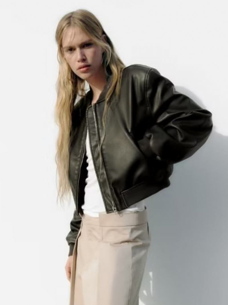 Ženska Jakna Jewel Neck Pu Koža - Kava Smeđa