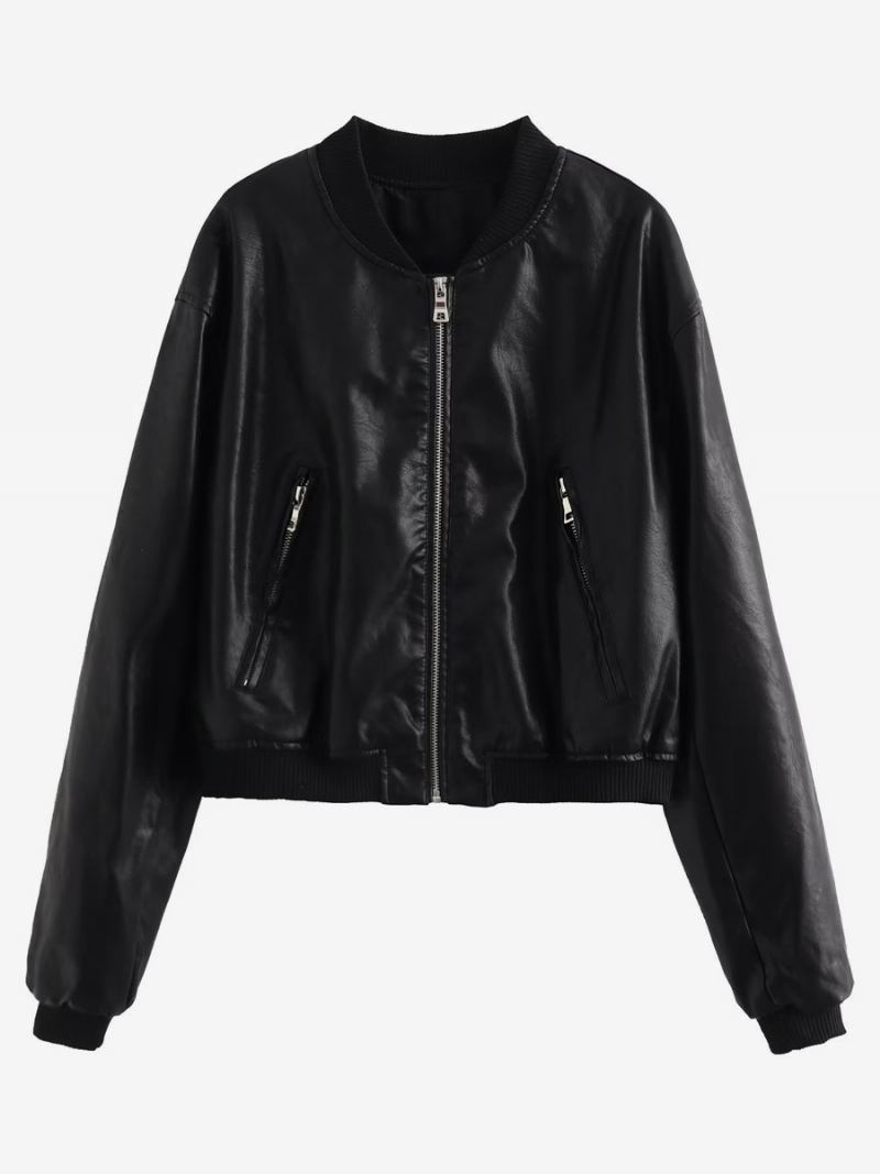 Ženska Jakna Jewel Neck Pu Koža - Crna