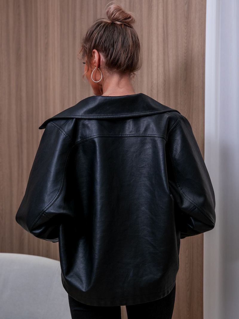 Ženska Jakna Od Pu Kože Jakne S Metalnim Detaljima Urezanim Reverom - Crna