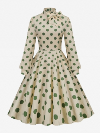 Retro Haljina Iz 1950-ih U Stilu Audrey Hepburn S Mašnama Visokim Ovratnikom I Dugim Rukavima Ženska Swing Srednje Veličine Na Točkice