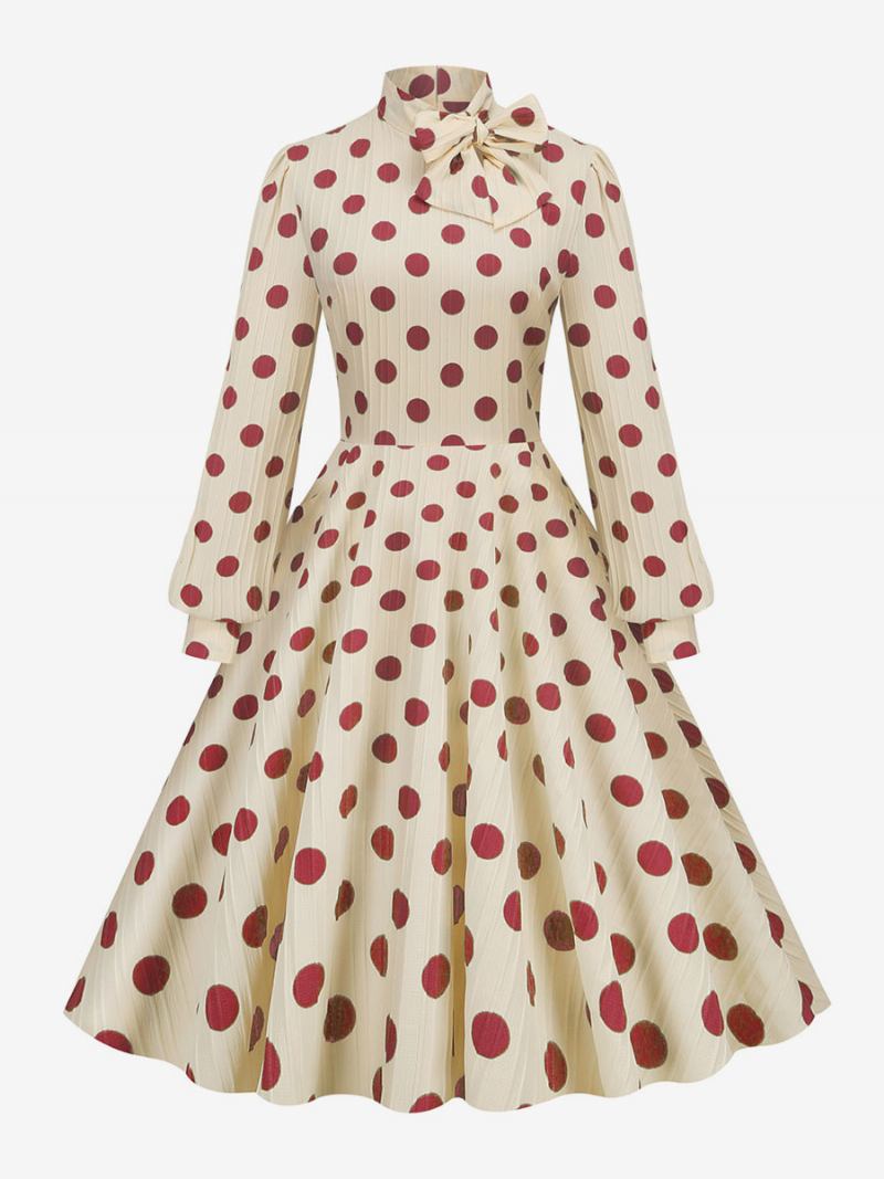 Retro Haljina Iz 1950-ih U Stilu Audrey Hepburn S Mašnama Visokim Ovratnikom I Dugim Rukavima Ženska Swing Srednje Veličine Na Točkice - Crveno