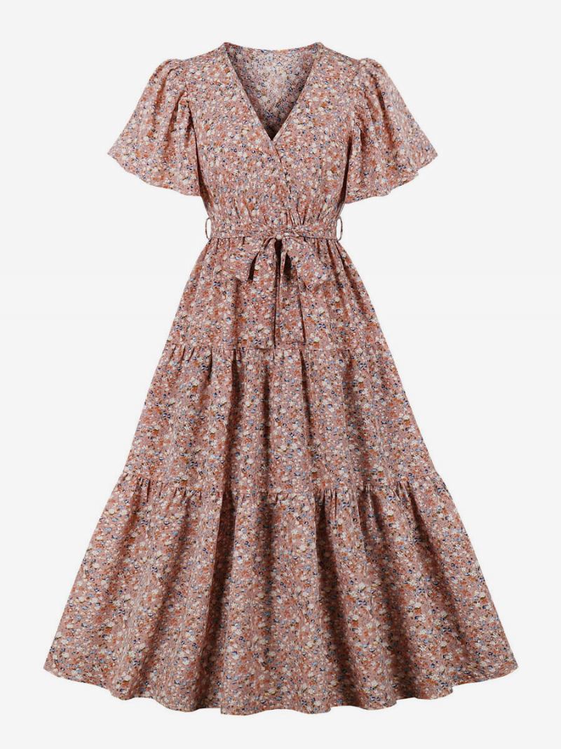 Retro Haljina Iz 1950-ih U Stilu Audrey Hepburn Ženska Rockabilly S Ružičastim Cvjetnim Printom Na Vezanje I Kratkim Rukavima V-izrezom