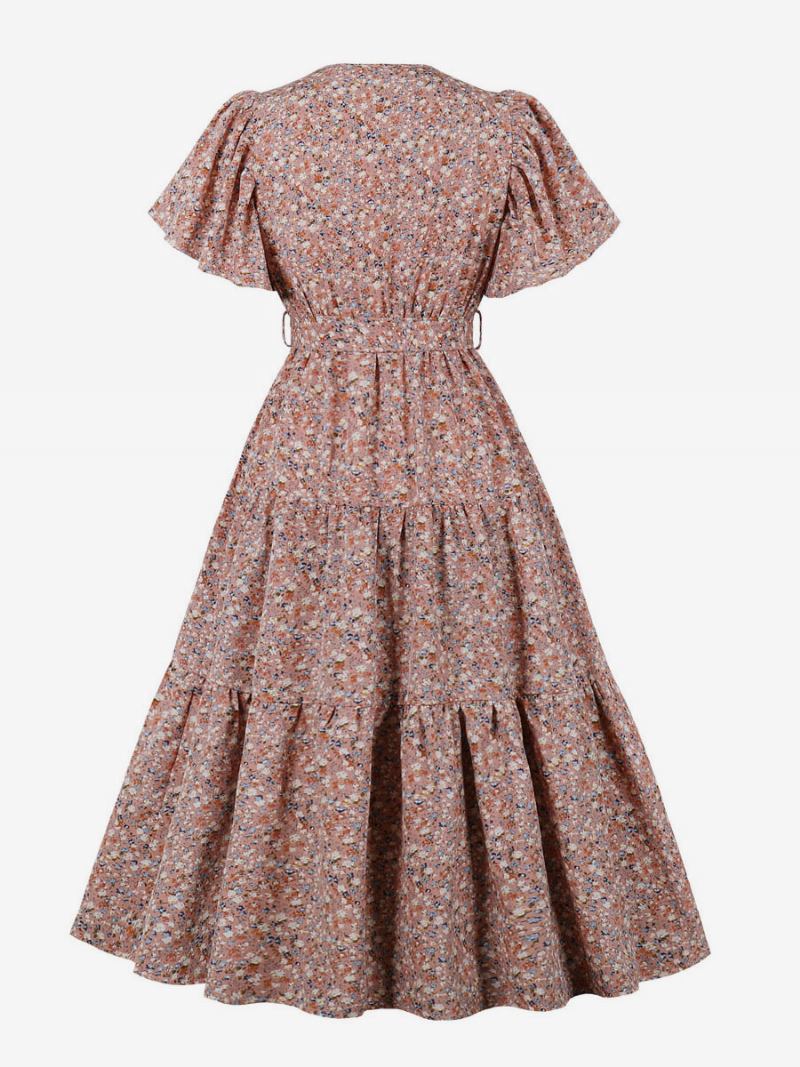 Retro Haljina Iz 1950-ih U Stilu Audrey Hepburn Ženska Rockabilly S Ružičastim Cvjetnim Printom Na Vezanje I Kratkim Rukavima V-izrezom - Ružičasta