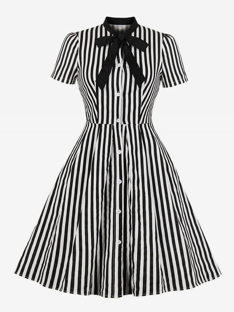 Vintage Haljina 1950-ih Na Pruge S Leptir-kravatom Kratkih Rukava Ženska Swing Retro