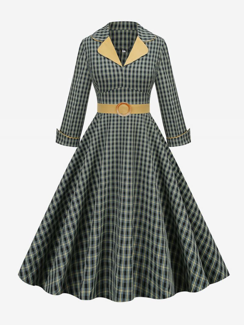 Vintage Haljina Iz 1950-ih U Stilu Audrey Hepburn S Otvorenim Ovratnikom Dugih Rukava Ženska Srednje Karirana Rockabilly