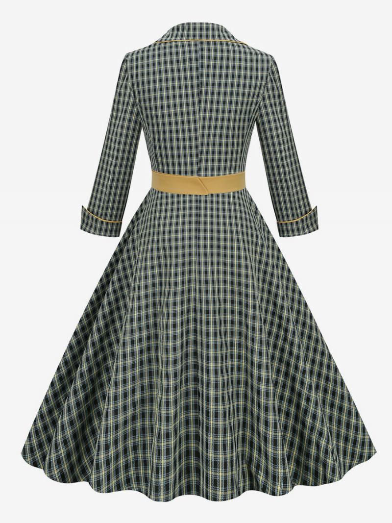 Vintage Haljina Iz 1950-ih U Stilu Audrey Hepburn S Otvorenim Ovratnikom Dugih Rukava Ženska Srednje Karirana Rockabilly - Hunter Green