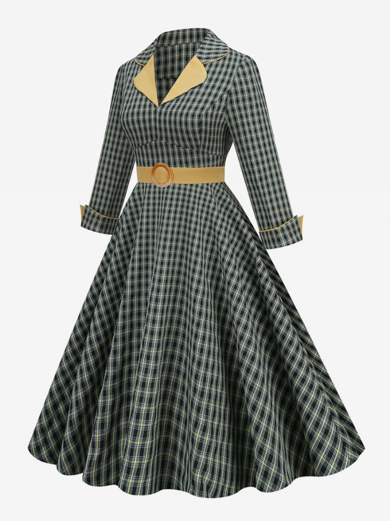 Vintage Haljina Iz 1950-ih U Stilu Audrey Hepburn S Otvorenim Ovratnikom Dugih Rukava Ženska Srednje Karirana Rockabilly - Hunter Green