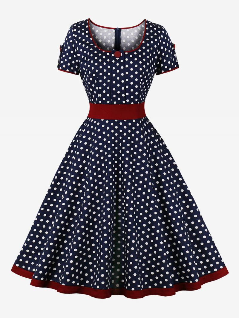 Vintage Haljina Iz 1950-ih U Stilu Audrey Hepburn Tamnoplava Točkasta Ženska Kratkih Rukava Rockabilly - Tamnoplava