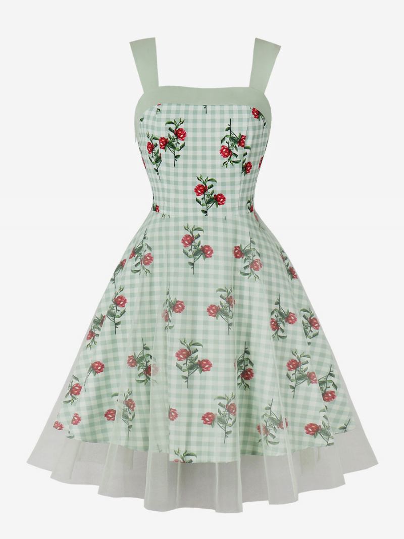 Ženska Retro Haljina 1950-ih U Stilu Audrey Hepburn Svijetlozelena Lagana Bez Rukava S Cvjetnim Uzorkom I Četvrtastim Izrezom Do Koljena