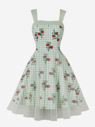 Ženska Retro Haljina 1950-ih U Stilu Audrey Hepburn Svijetlozelena Lagana Bez Rukava S Cvjetnim Uzorkom I Četvrtastim Izrezom Do Koljena