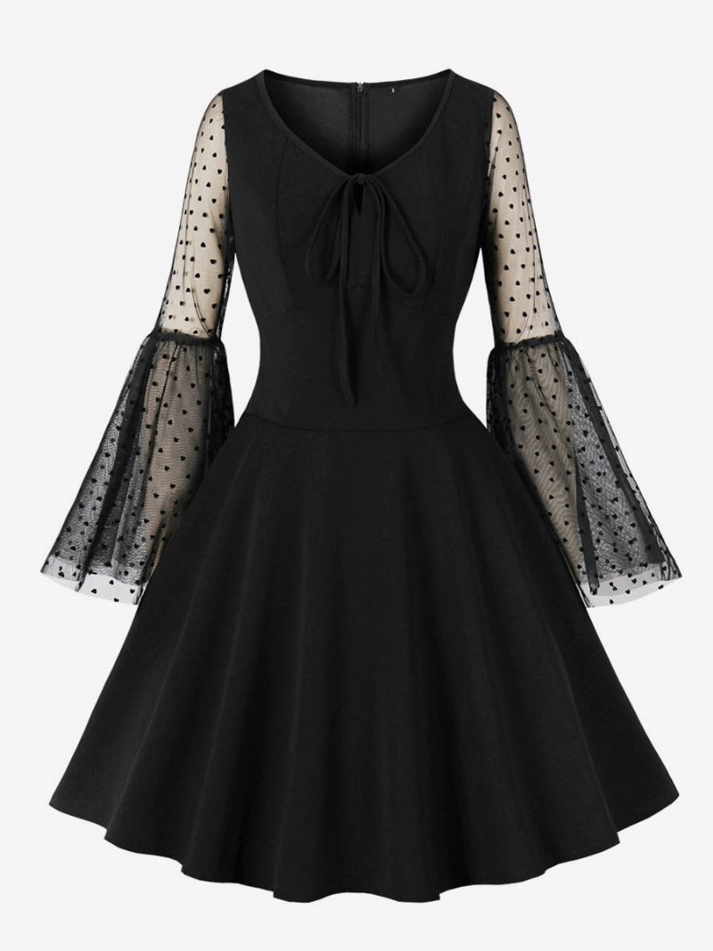 Ženska Retro Haljina Iz 1950-ih Crna Rockabilly U Stilu Audrey Hepburn S V-izrezom I Dugim Rukavima Na Vezanje