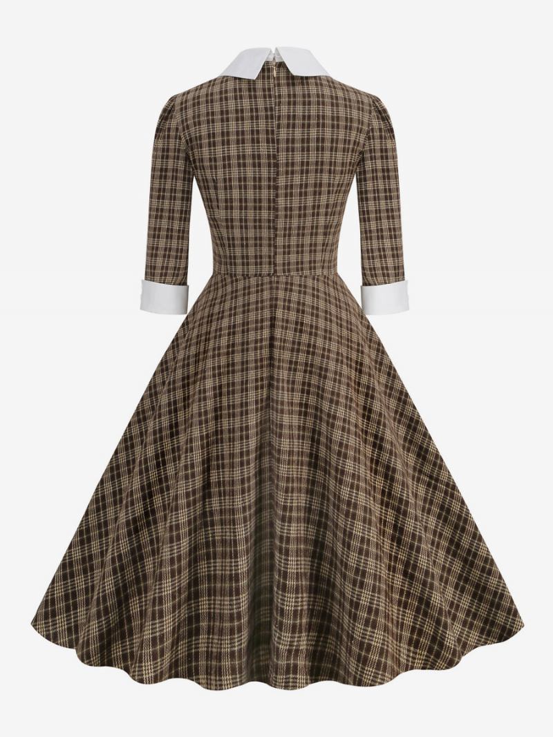 Ženska Retro Haljina S Mašnama Škotski Karirani Stil Audrey Hepburn Elegantne Haljine - Kava Smeđa