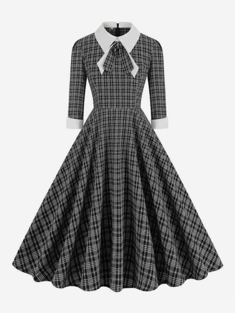 Ženska Retro Haljina S Mašnama Škotski Karirani Stil Audrey Hepburn Elegantne Haljine - Crna