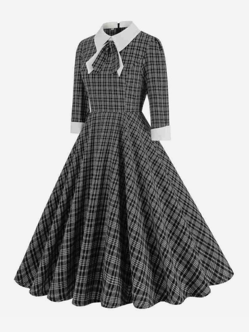 Ženska Retro Haljina S Mašnama Škotski Karirani Stil Audrey Hepburn Elegantne Haljine - Crna
