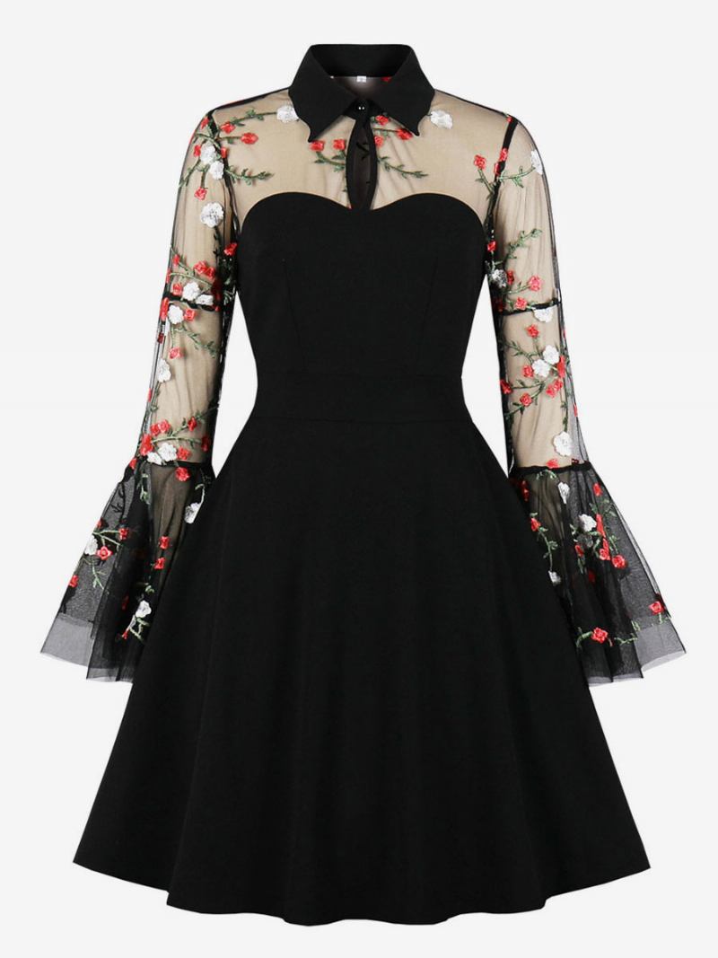 Ženska Retro Haljina U Stilu Audrey Hepburn Iz 1950-ih Spuštenim Ovratnikom Izrezanim Dugim Rukavima Rockabilly S Printom Do Koljena