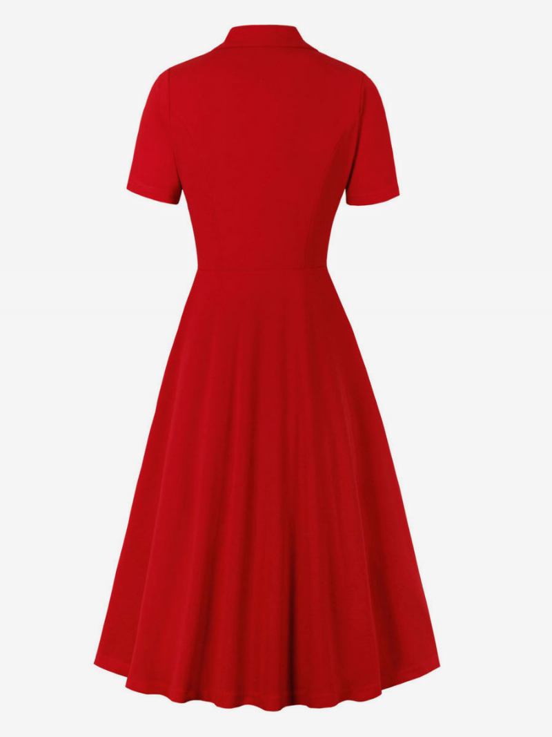 Ženska Retro Haljina U Stilu Audrey Hepburn Iz 1950-ih V-izrez Gumbi Slojeviti Kratki Rukavi Duga Rockabilly - Crvena