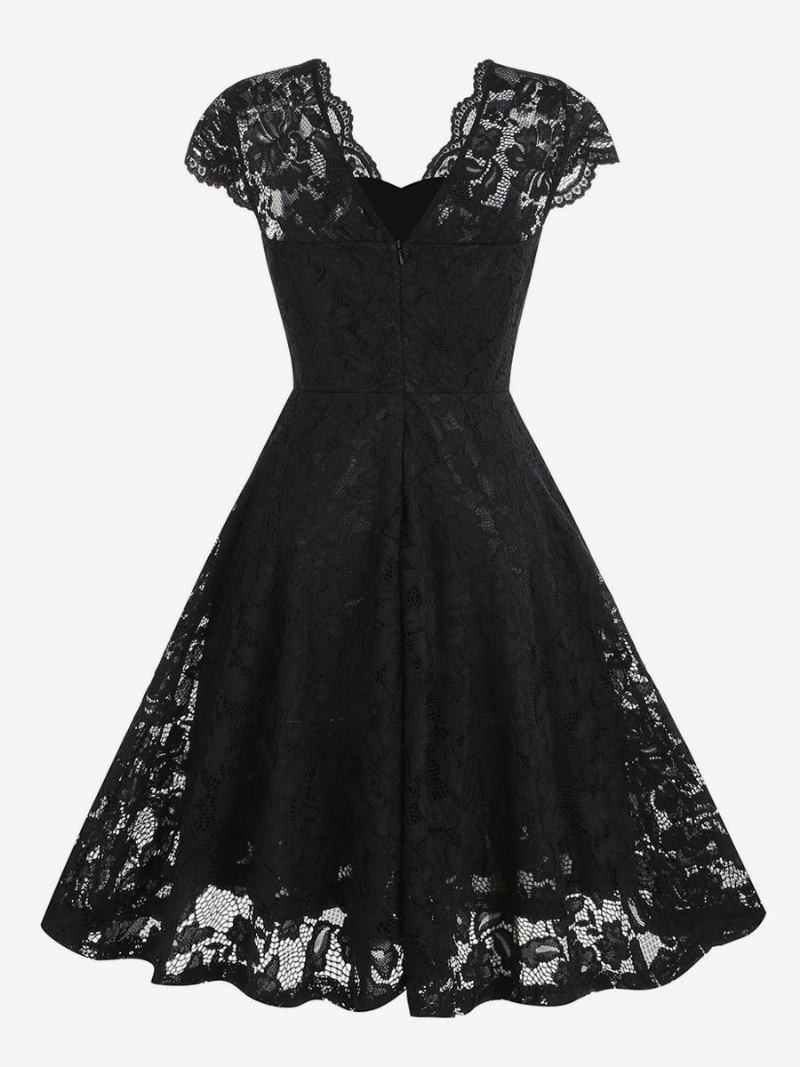 Ženska Vintage Haljina 1950-ih U Stilu Audrey Hepburn Čipkana S V-izrezom Bez Rukava Srednje Široka - Crno
