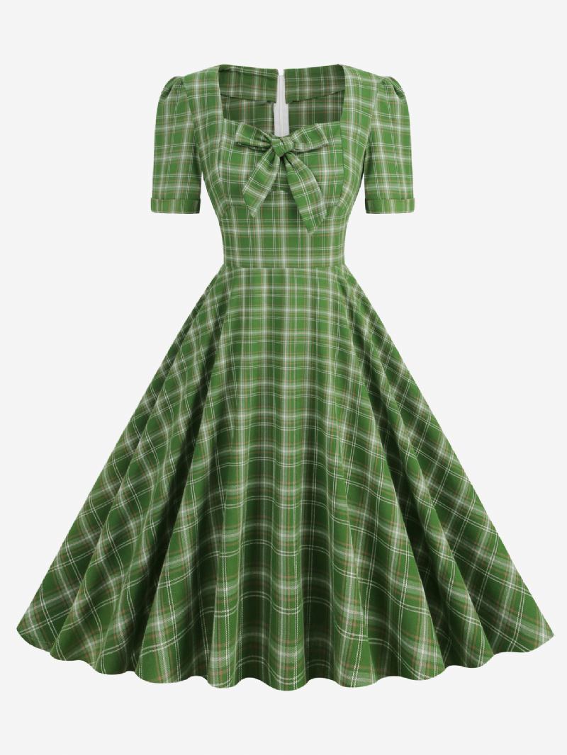 Ženska Vintage Haljina Crvena Karirana Iz 1950-ih U Stilu Audrey Hepburn Mašne Kratki Rukavi Dragi Izrez Srednje Široka