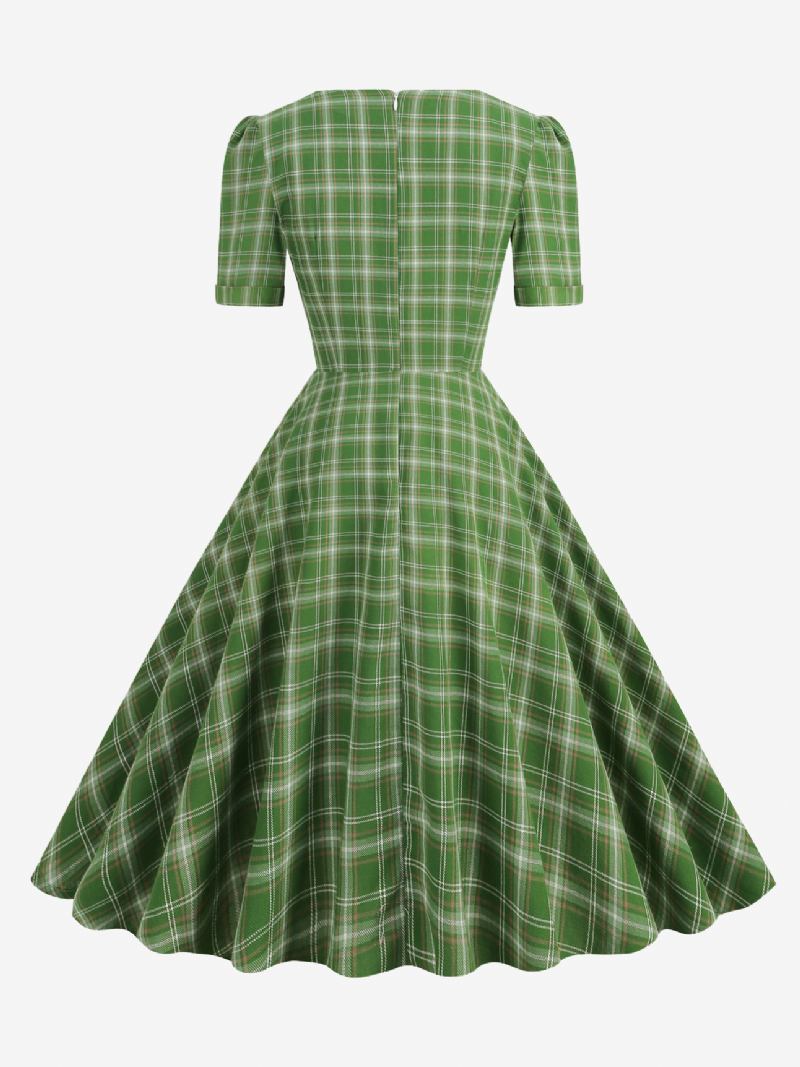 Ženska Vintage Haljina Crvena Karirana Iz 1950-ih U Stilu Audrey Hepburn Mašne Kratki Rukavi Dragi Izrez Srednje Široka - Zeleno