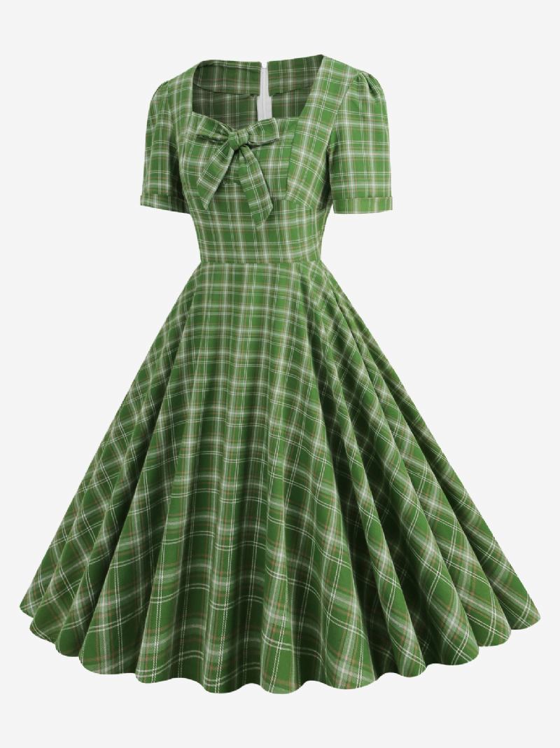 Ženska Vintage Haljina Crvena Karirana Iz 1950-ih U Stilu Audrey Hepburn Mašne Kratki Rukavi Dragi Izrez Srednje Široka - Zeleno