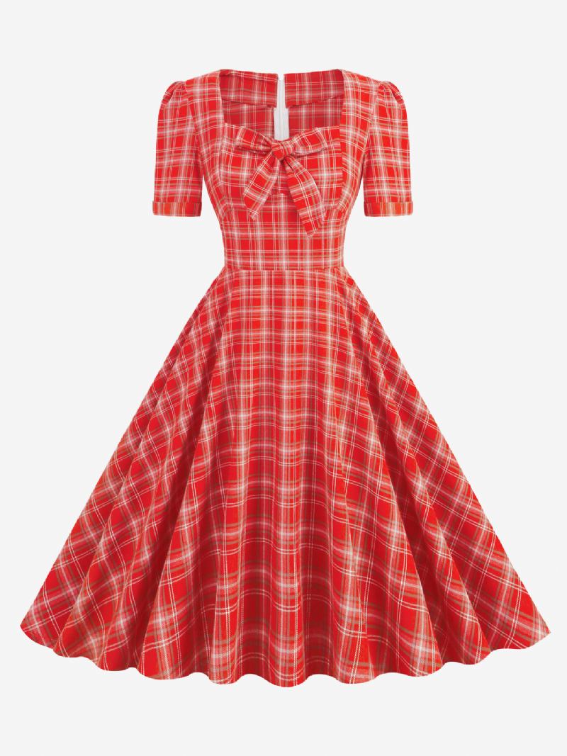 Ženska Vintage Haljina Crvena Karirana Iz 1950-ih U Stilu Audrey Hepburn Mašne Kratki Rukavi Dragi Izrez Srednje Široka - Crveno