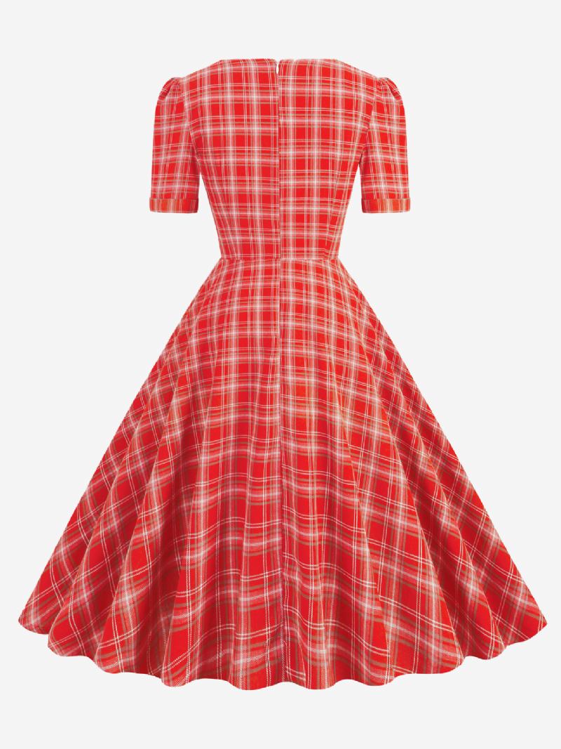 Ženska Vintage Haljina Crvena Karirana Iz 1950-ih U Stilu Audrey Hepburn Mašne Kratki Rukavi Dragi Izrez Srednje Široka - Crveno