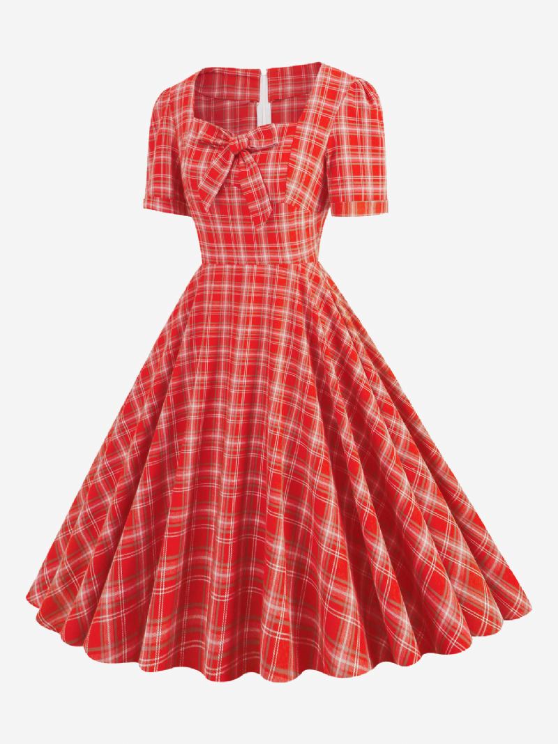 Ženska Vintage Haljina Crvena Karirana Iz 1950-ih U Stilu Audrey Hepburn Mašne Kratki Rukavi Dragi Izrez Srednje Široka - Crveno