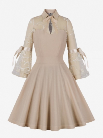 Ženska Vintage Haljina Iz 1950-ih U Stilu Audrey Hepburn Rockabilly Boji Marelice S Cvjetnim Uzorkom Od Čipke Dugih Rukava I Samostojećeg Ovratnika