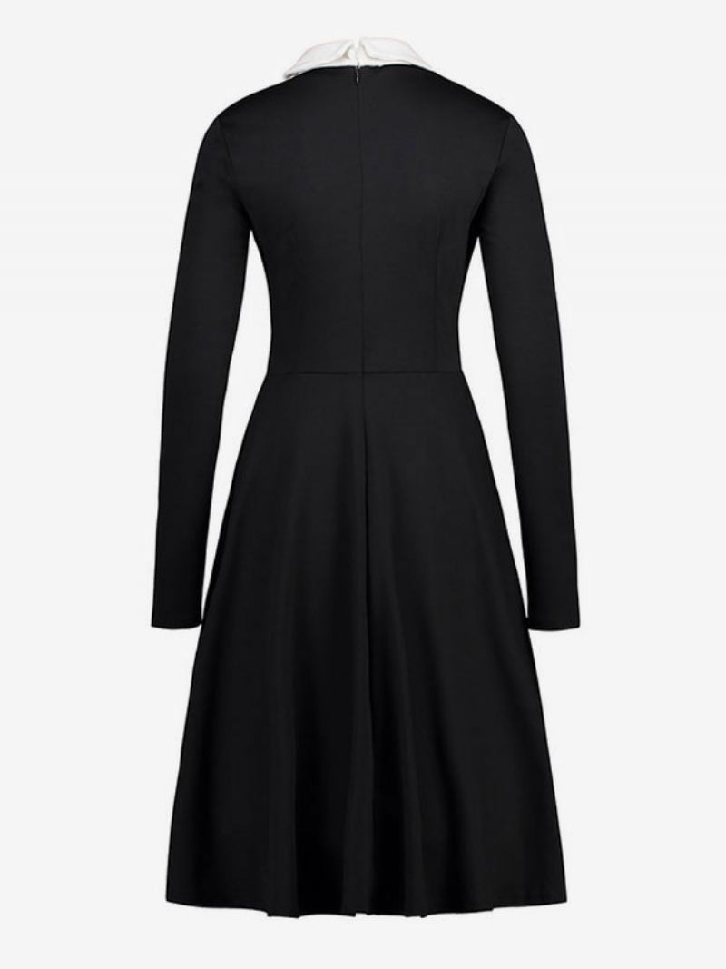 Ženska Vintage Haljina Iz 1950-ih U Stilu Audrey Hepburn S Otvorenim Ovratnikom Dugim Rukavima Rockabilly - Crno