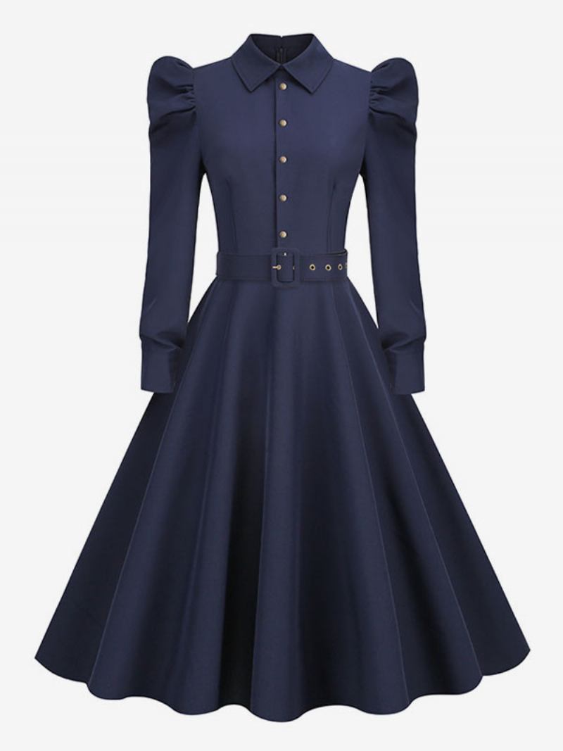 Ženska Vintage Haljina Iz 1950-ih U Stilu Audrey Hepburn Tamnoplava Rockabilly Dugih Rukava S Otvorenim Ovratnikom