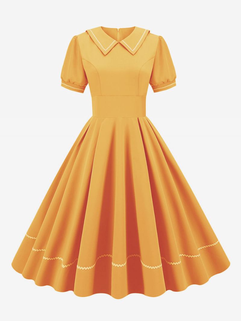 Ženska Vintage Haljina Iz 1950-ih U Stilu Audrey Hepburn Žuta S Otvorenim Ovratnikom I Kratkim Rukavima Srednje Široka