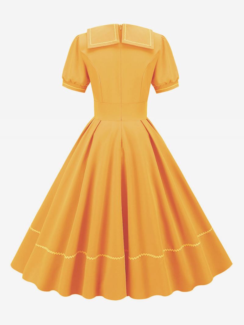 Ženska Vintage Haljina Iz 1950-ih U Stilu Audrey Hepburn Žuta S Otvorenim Ovratnikom I Kratkim Rukavima Srednje Široka - Žuta