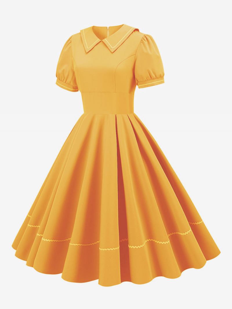 Ženska Vintage Haljina Iz 1950-ih U Stilu Audrey Hepburn Žuta S Otvorenim Ovratnikom I Kratkim Rukavima Srednje Široka - Žuta