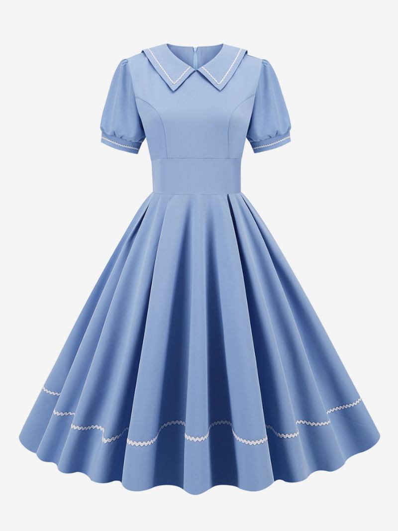 Ženska Vintage Haljina Iz 1950-ih U Stilu Audrey Hepburn Žuta S Otvorenim Ovratnikom I Kratkim Rukavima Srednje Široka - Svijetlo Nebesko Plava