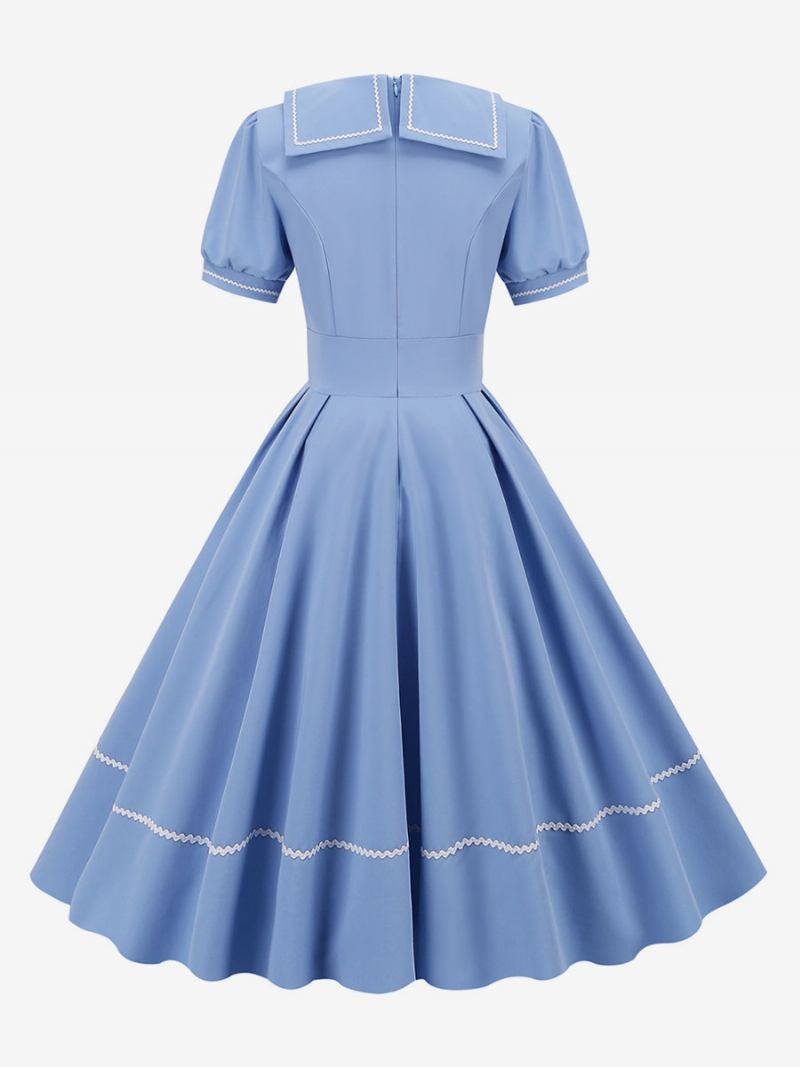 Ženska Vintage Haljina Iz 1950-ih U Stilu Audrey Hepburn Žuta S Otvorenim Ovratnikom I Kratkim Rukavima Srednje Široka - Svijetlo Nebesko Plava