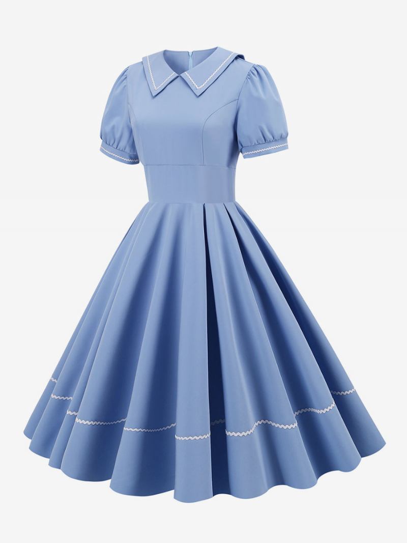 Ženska Vintage Haljina Iz 1950-ih U Stilu Audrey Hepburn Žuta S Otvorenim Ovratnikom I Kratkim Rukavima Srednje Široka - Svijetlo Nebesko Plava