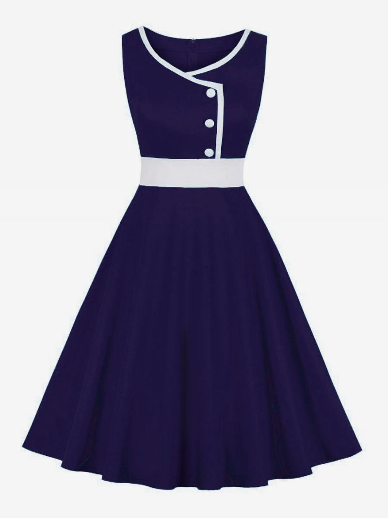 Ženska Vintage Haljina U Stilu Audrey Hepburn Iz 1950-ih Dvobojna Bez Rukava S Dragim Izrezom I Dugmadima Crvena Okretna - Deep Blue