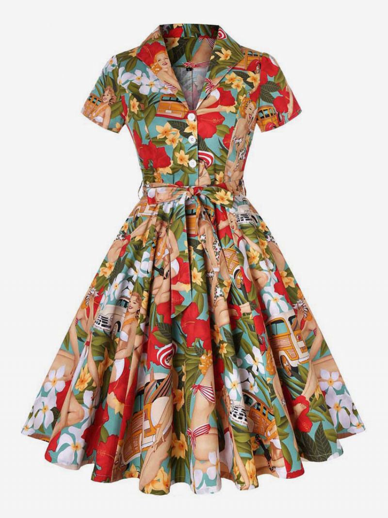 Ženska Vintage Haljina U Stilu Audrey Hepburn Iz 1950-ih S V Izrezom Kratkim Rukavima Rockabilly Do Koljena Cvjetnim Uzorkom - Crvena