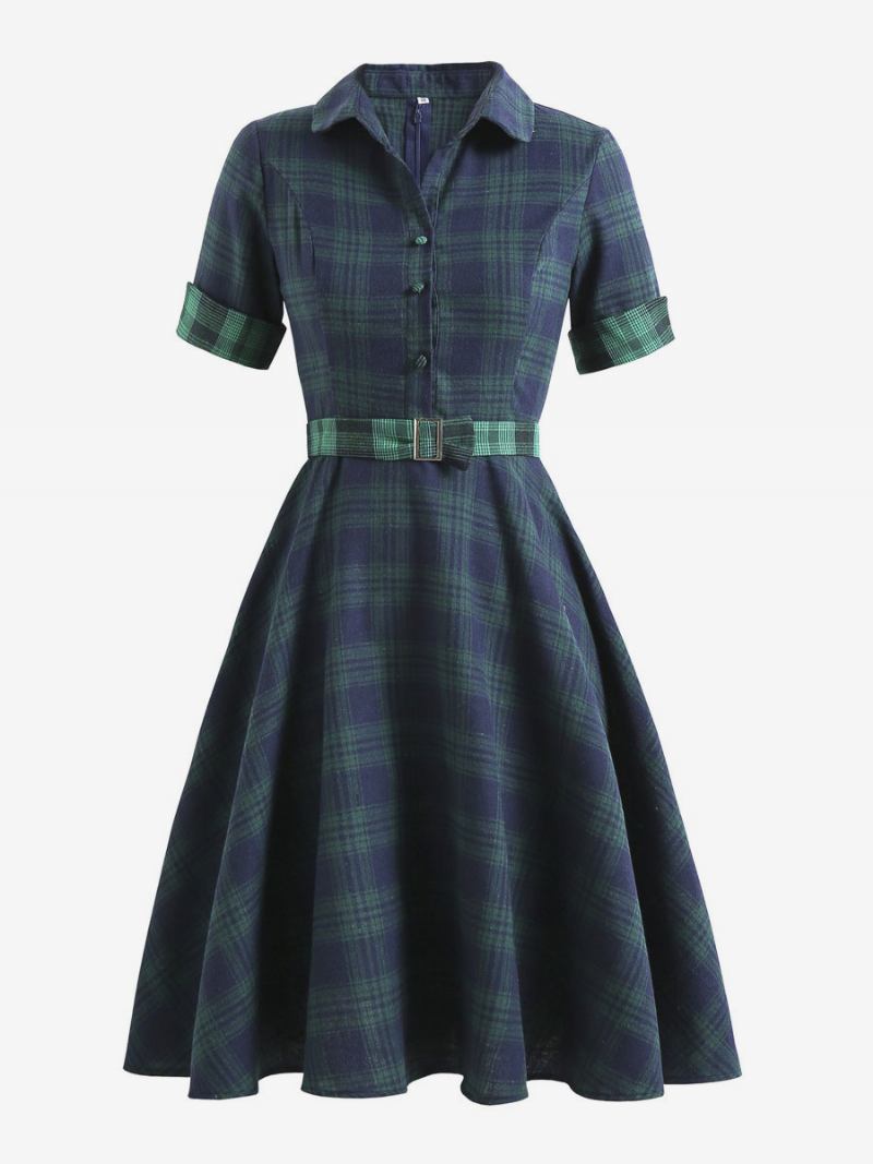 Ženska Vintage Haljina U Stilu Audrey Hepburn Iz 1950-ih S V Izrezom Spuštenim Ovratnikom Kratkih Rukava Karirana Letnja Do Koljena